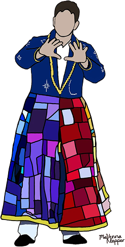 Stylized illustration of Joey Summers, wearing a long, colorful patchwork coat or robe divided into blue, purple, and red sections with gold trim. Joey's hands are raised in front of their chest with fingers spread. The illustration was created by Makenna Klepper.